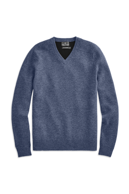 True Navy Heather | Front view of Tech Cashmere V Neck Sweater in True Navy Heather