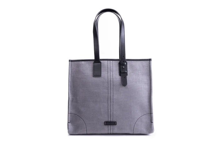 Gray tote bag with black handles and accents
