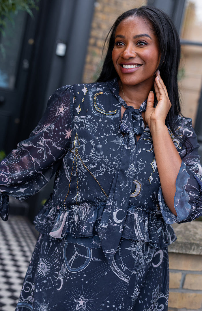 THE ALIDA EMBELLISHED TIE NECK RUFFLE MINI DRESS (NAVY)