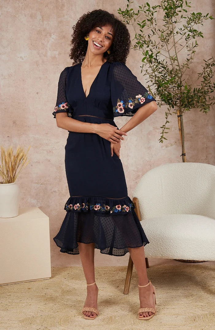 The Lucy Embroidered Midi Tea Dress (Navy)