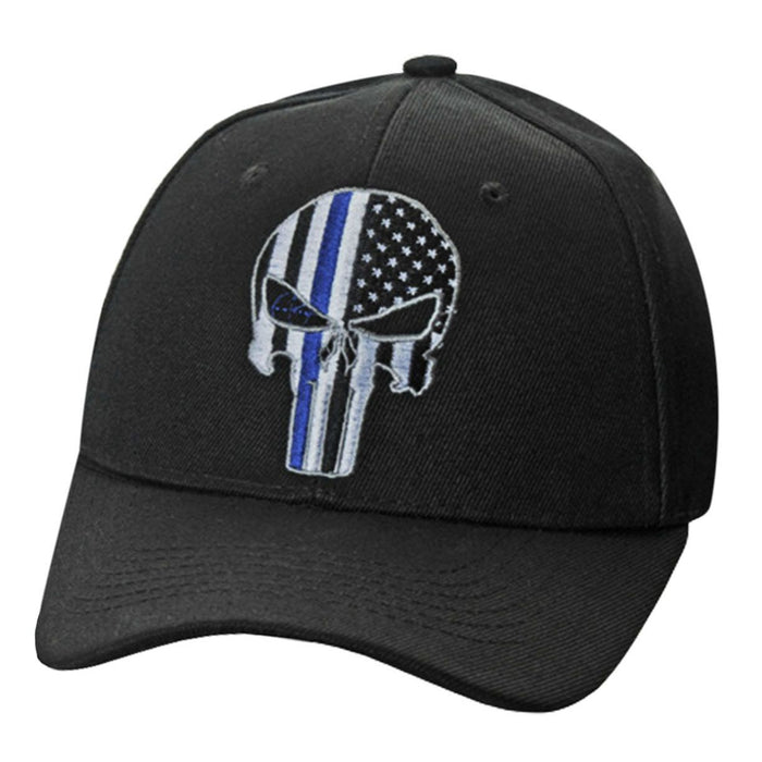 A dramatic skull shaped â€œthin blue lineâ€ flag emblem is embroidered on this woven black cap
