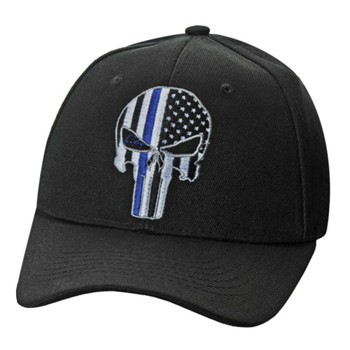 A dramatic skull shaped â€œthin blue lineâ€ flag emblem is embroidered on this woven black cap