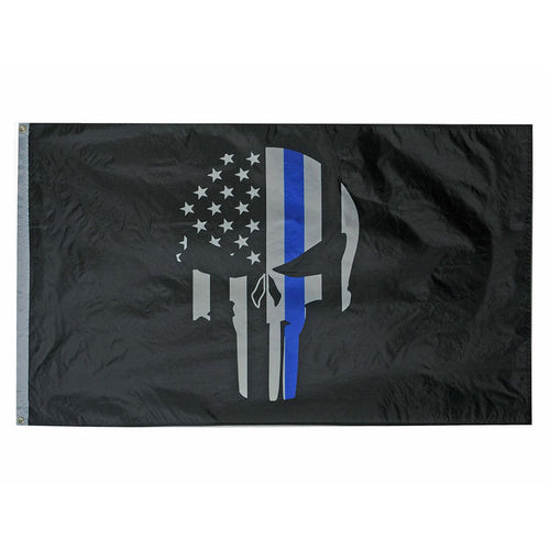 Dramatic skull shaped thin blue line flag is 100% polyester with 2 brass mounting grommets, measures 3â€™ x 5â€™