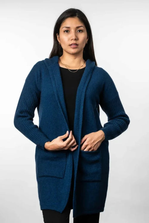 Possum and Merino  TR1019 Hooded Longline Cardigan - This long, hooded, cardigan is a great winter wardrobe staple.  It features ribbed sleeves and patch pockets.  Made proudly in New Zealand from a premium blend of 25% possum fur, 65% merino & 10% silk.