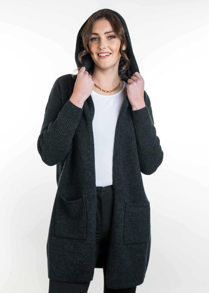 Possum and Merino  TR1019 Hooded Longline Cardigan - This long, hooded, cardigan is a great winter wardrobe staple.  It features ribbed sleeves and patch pockets.  Made proudly in New Zealand from a premium blend of 25% possum fur, 65% merino & 10% silk.