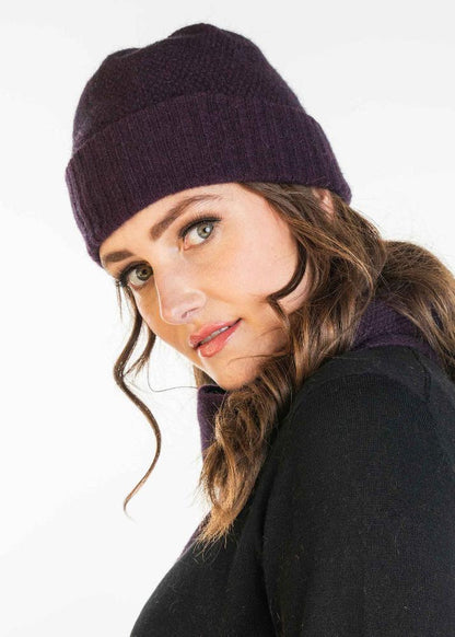 Possum and Merino  TR200 Moss Stitch Beanie - A beanie using moss stitch with a turned back edge.  Makes a set with TR49 Plain Gloves and TR100 Moss Stitch Scarf.   One Size Only   Made proudly in New Zealand from a luxurious blend of 25% possum fur, 65% merino & 10% silk.
