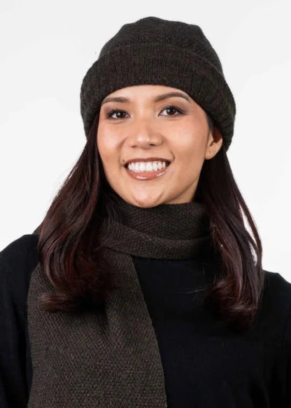 Possum and Merino  TR200 Moss Stitch Beanie - A beanie using moss stitch with a turned back edge.  Makes a set with TR49 Plain Gloves and TR100 Moss Stitch Scarf.   One Size Only   Made proudly in New Zealand from a luxurious blend of 25% possum fur, 65% merino & 10% silk.