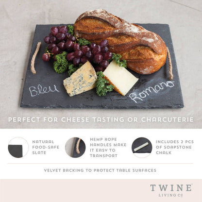 Twine - 15.5 inch Slate Cheese Board w Hemp Handles Includes Chalk