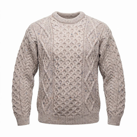 Unisex Speckled Beige 100% Wool Aran Cable Knit Crew Neck Jumper – Made in Ireland | Skiddaw - Heritage Of Scotland - XS