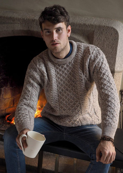 Unisex Traditional Aran Crew Neck Sweater | Oatmeal | Pure Wool