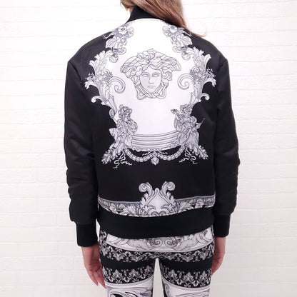VERSACE BLACK BOMBER JACKET WITH WHITE AND GREY MEDUSA PRINT - SIZE 38