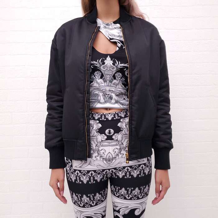 VERSACE BLACK BOMBER JACKET WITH WHITE AND GREY MEDUSA PRINT - SIZE 38