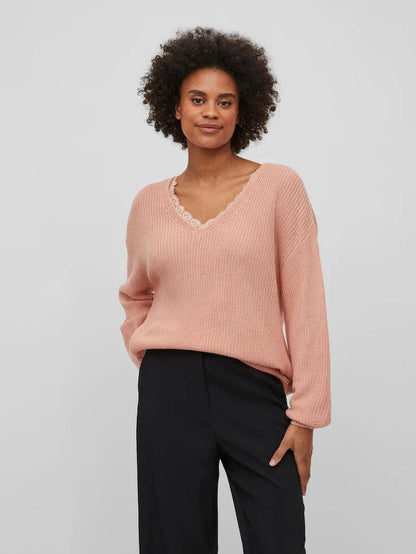 Viena V-Neck Lace Top (Coral Cloud)