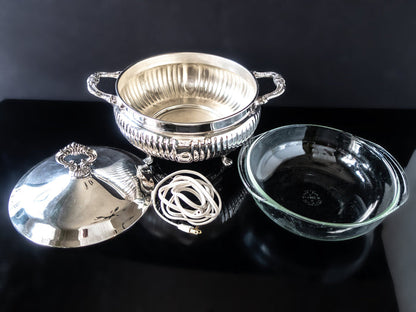Vintage Electric Silver Plate Covered Dish With Glass Casserole Serving Buffet Dish 3 Quart Silver And Silverplate