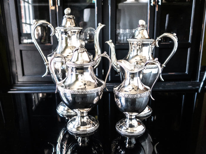 Vintage Silver Plate Tea Set Melon Finial Coffee Pot Teapot Creamer Sugar