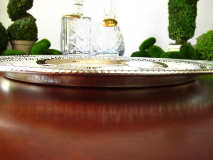 Vintage Silver Plate Tray Pierced Cut Out Design Round Engraved 1978 Gallery Tray