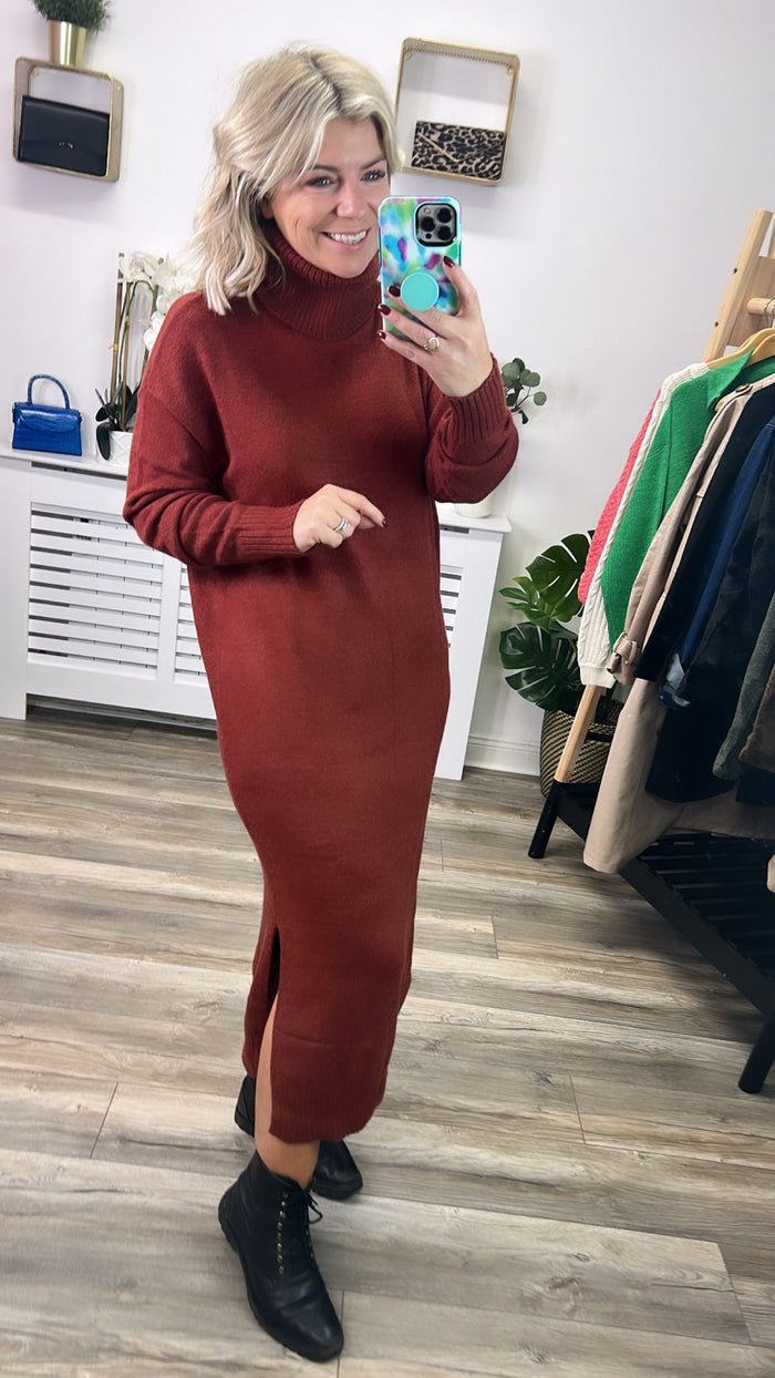 Viril Roll Neck Midi Dress (Fired Brick)