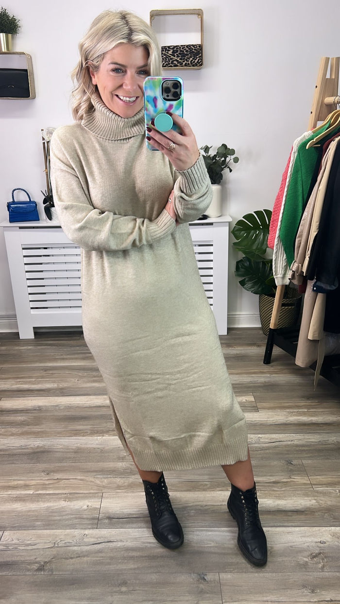 Viril Roll Neck Midi Dress (Natural Melange)