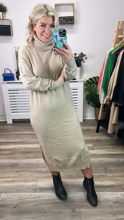 Viril Roll Neck Midi Dress (Natural Melange)
