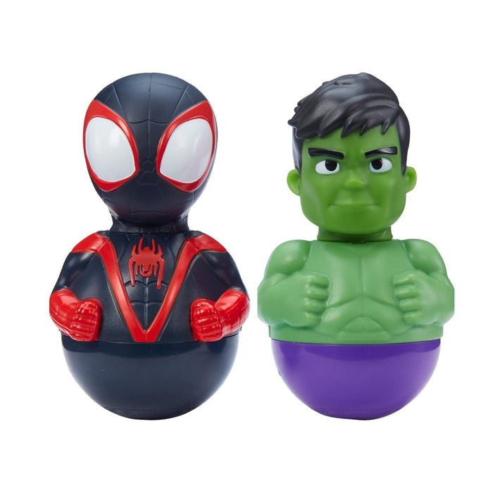 Two superhero figurines, one resembling Spider-Man and the other resembling the Hulk, on a white background.