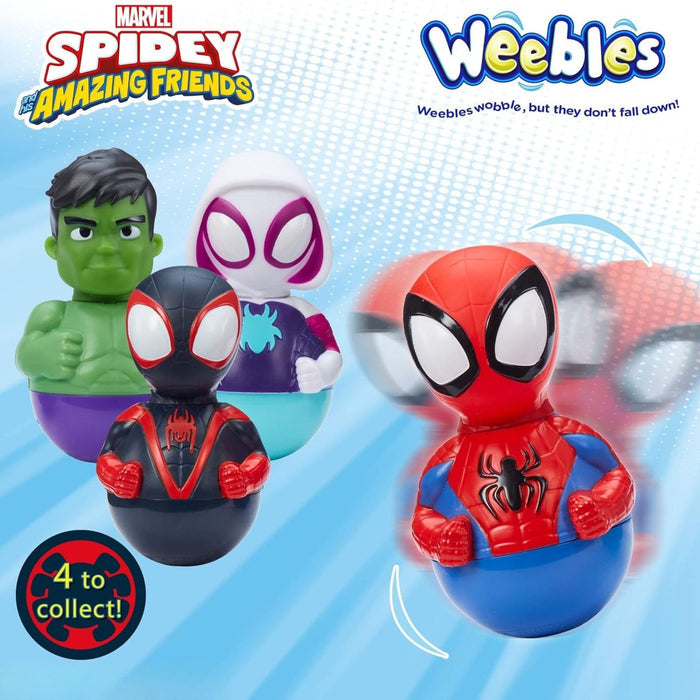 Marvel Spidey and Amazing Friends Weebles toys on a blue background with branding.