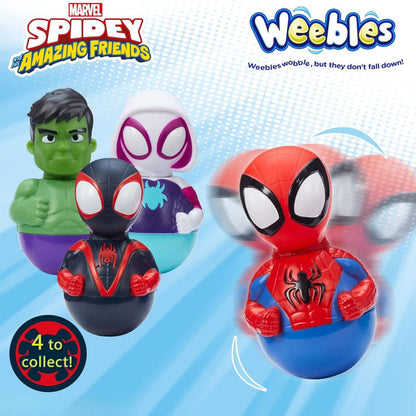 Marvel Spidey and Amazing Friends Weebles toys on a blue background with branding.