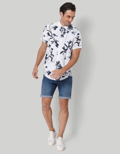 White Floral Print Short Sleeves Shirt