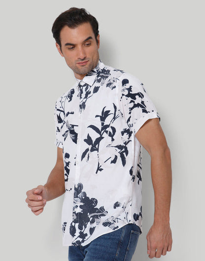 White Floral Print Short Sleeves Shirt