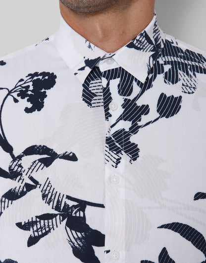 White Floral Print Short Sleeves Shirt