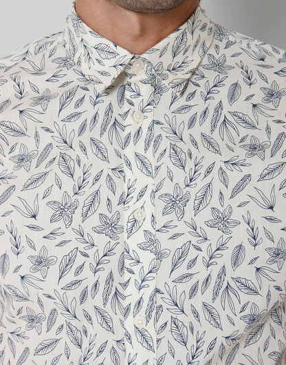 White Floral Print Short Sleeves Shirt