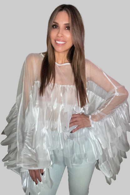 Style the White Shimmer Organza Scallop Ruffle Layered Blouse exclusively at Born To Glam
