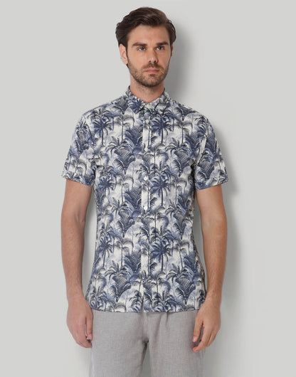 White Tropical Print Short Sleeves Shirt
