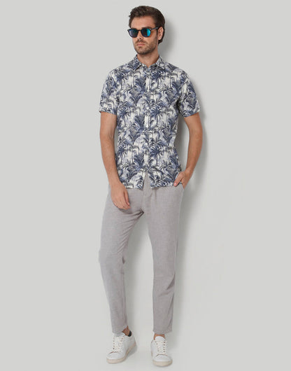 White Tropical Print Short Sleeves Shirt