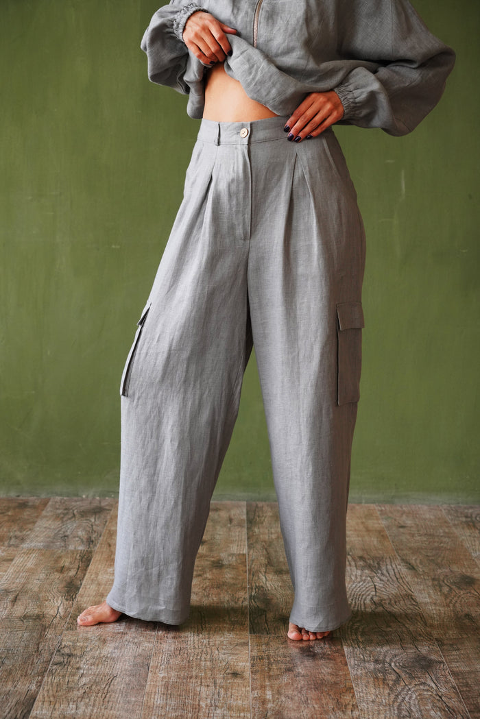 Wide Linen Cargo Pants ALBA in Light grey