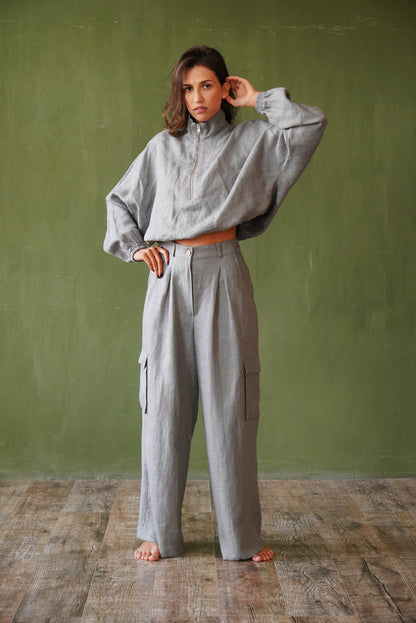 Wide Linen Cargo Pants ALBA in Light grey