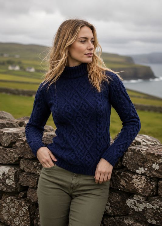Woman wearing a navy blue cable knit sweater standing against a stone wall with a scenic background.