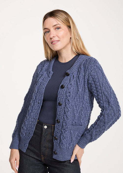 Women's Aran Cardigan in Denim Blue