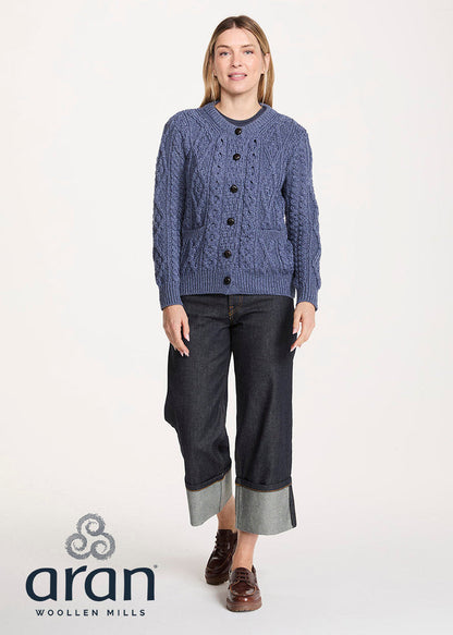 Women's Aran Cardigan in Denim Blue