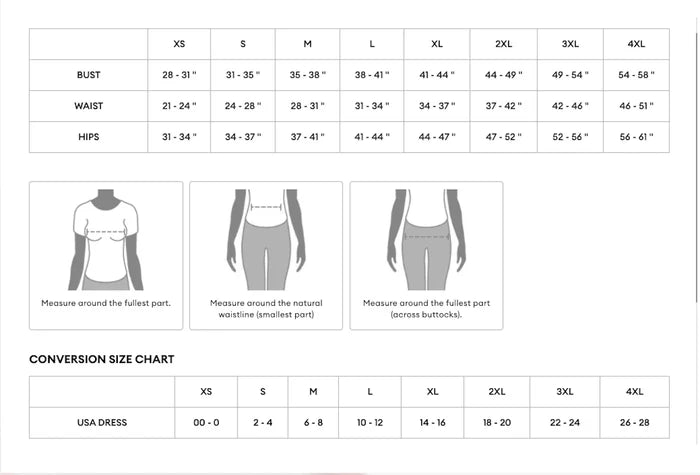 Size chart for clothing measurements with illustrations of body parts and conversion chart for USA dress sizes.