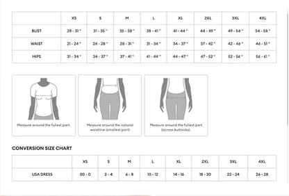 Size chart for clothing measurements with illustrations of body parts and conversion chart for USA dress sizes.