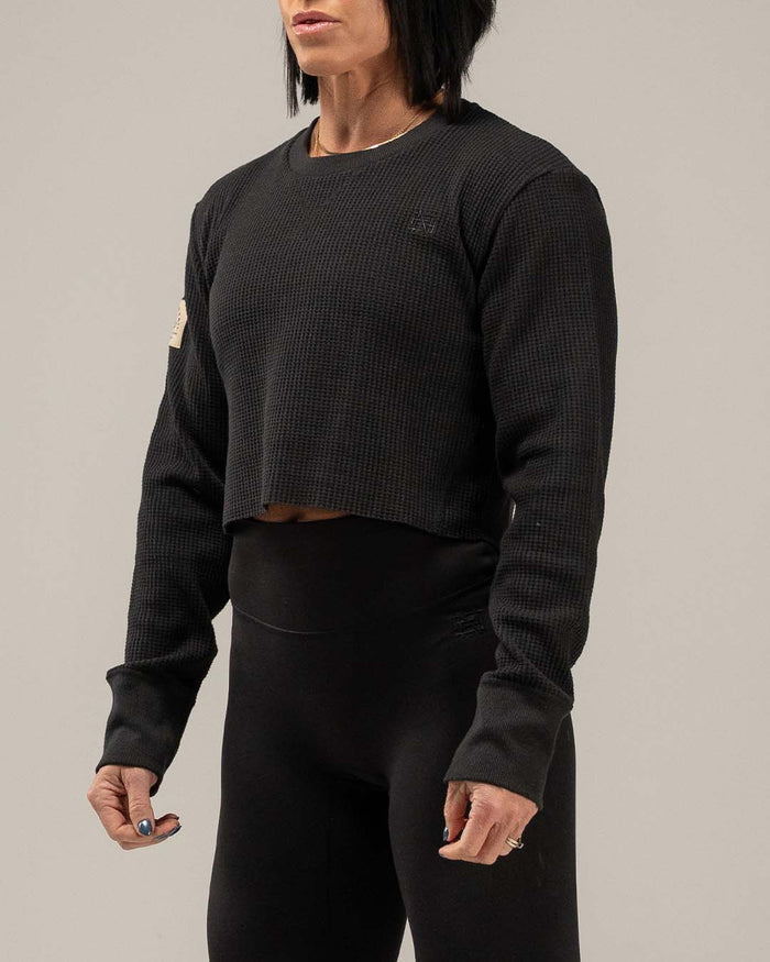 WOMEN'S FOREVER WAFFLE KNIT CROP - BLACK