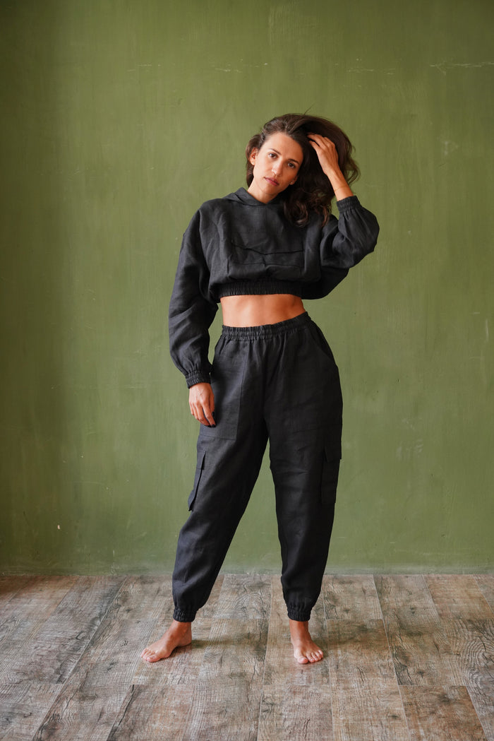 Women’s Linen Cargo Joggers LUMA in Black
