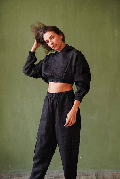 Women’s Linen Cargo Joggers LUMA in Black