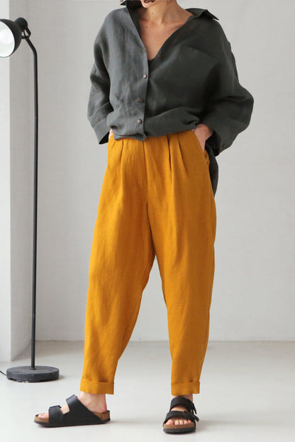 Women’s Linen Pants with Pleats CEDAR in Saffron