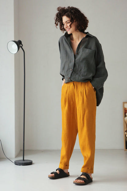 Women’s Linen Pants with Pleats CEDAR in Saffron