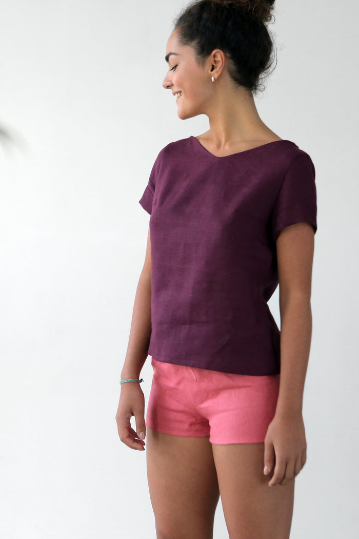 Women's Linen T-Shirt NERINE in Burgundy