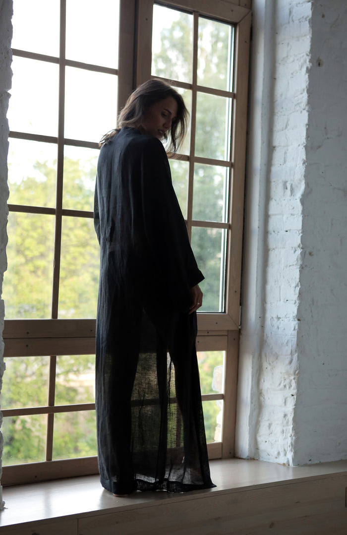 Women’s Long Linen Kimono KAYA in Transparent Black