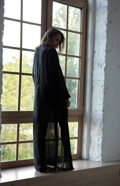Women’s Long Linen Kimono KAYA in Transparent Black