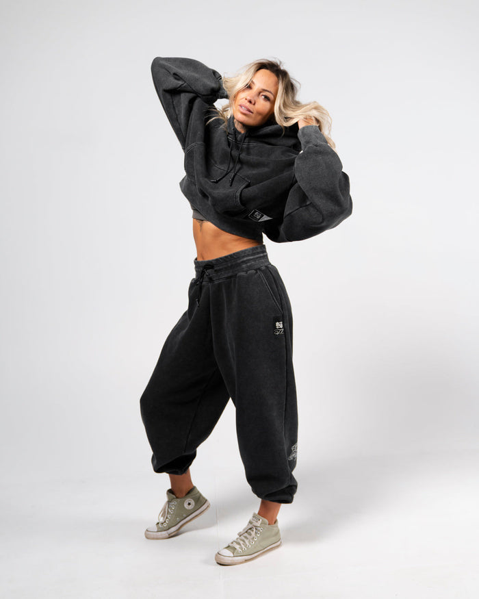 WOMENS OVERSIZED CROP HOODIE - ACID WASH