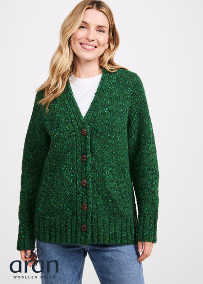 Women's Pure New Wool Tweed Cardigan - Valley Green | Irish Aran Knitwear